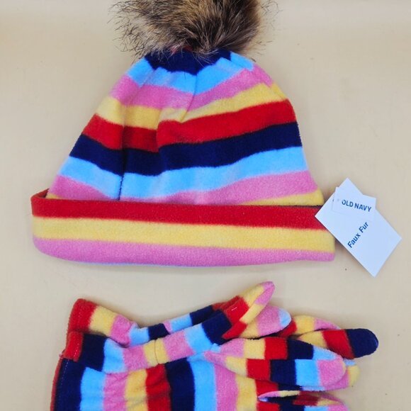 Old Navy Striped Gloves & Beanie with Faux Fur Top - Picture 7 of 7